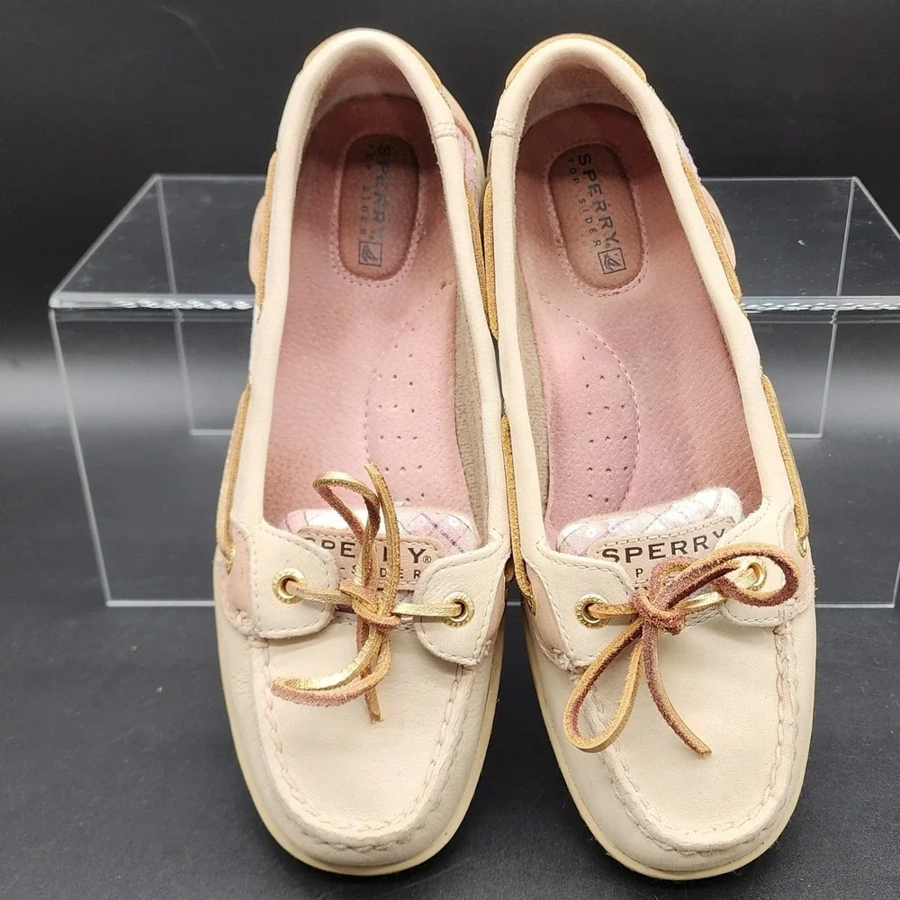 Sperry 6.5M Cream Pink Plaid Leather Boat Shoes Preppy Coastal Nautical Loafers